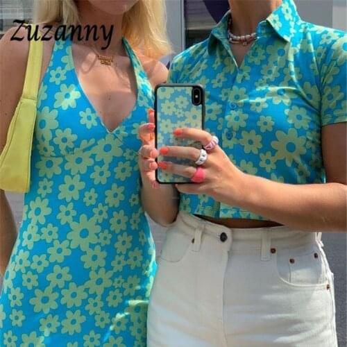 Zuzanny Floral Print Mini Y2k Tops Women 2021 Street Wear Summer Collar Button Up Tee Shirt Short Sleeve Crop Top Femme T Shirt