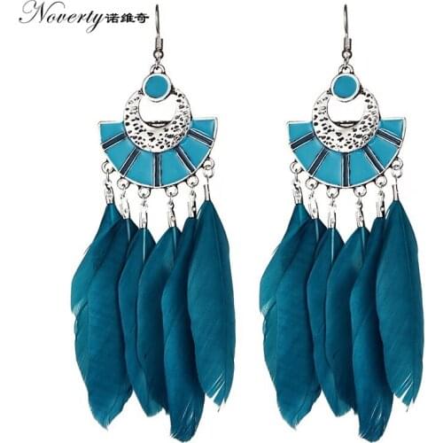 Retro Colorful Bohemia Sector Alloy Feathers Long Dangle Earrings Womens Fashion Jewelry Gifts Date and Party ZMEH020