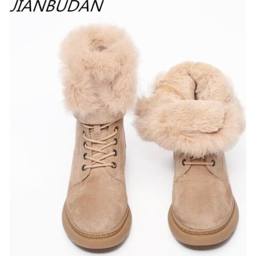 JIANBUDAN Women Boots Suede Leather Women Flat platform Mid-Calf Boots Ladies Shoes Fashion Winter Plush Fur warm Boots 34-43