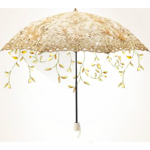 Ladies Sun Umbrella Rain Woman Lace Clear Folding Umbrella Windproof Embroidery Cloth Parasol Black Coating Parapluie Gift SY405