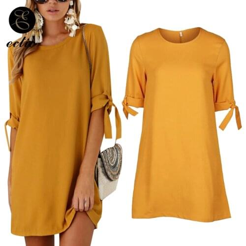 Mustard Yellow Women Dress Knot Cuff Sukienka Office Wear Dress Ladies Robe Femme Ete 2021 Mini Plain Short Dress Elegant Party