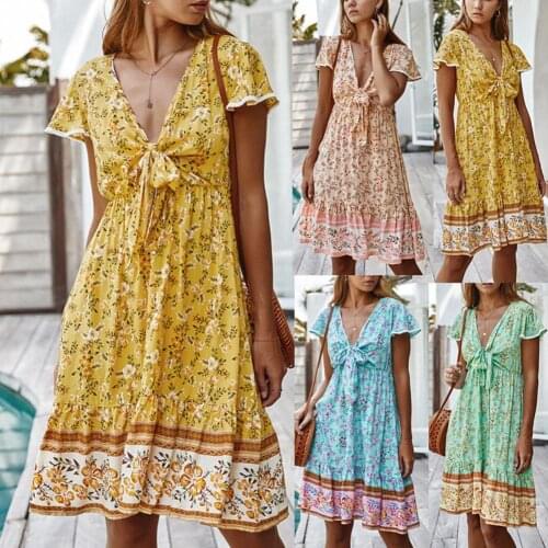 Summer Dress Women Boho Short Sleeve Deep V Neck Chest Bandage Floral Print Knee-length Dress Female Sexy Outdoor Colorful Dress