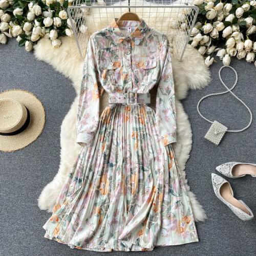 SINGREINY Women Retro Print Pleated Dress Turndown-Collar Long Sleeve Belt A-line Dresses Autumn Bohemian Vacation Midi Dress