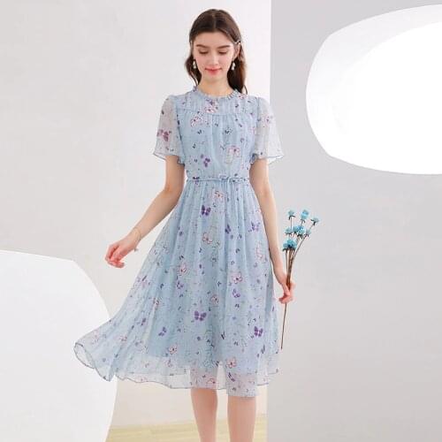 Women Summer Blue Chiffon Dresses Floral Printed Dress A-line Transparent Short Sleeve Fairy Elegant Dresses 2021