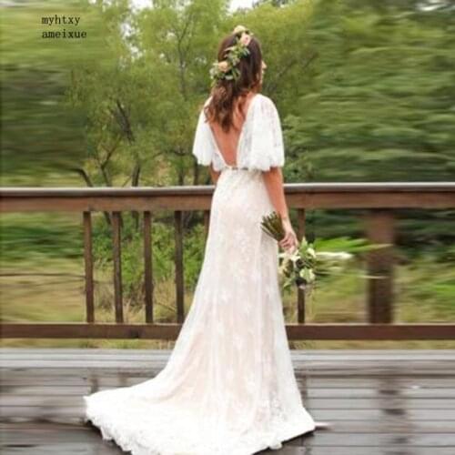 Boho Cheap Wedding Dress Plus Size V Neck Cap Sleeves Lace Bride Dress Custom Made Wedding Gown Free Shipping Robe De Mariee