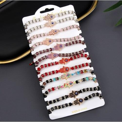 Bohemia 12pcs/Set Colorful Crystal Fatima Hand Charms Bracelet Adjustable Rhinestone Rope Chain Anklets Girl Kids Jewelry Gift