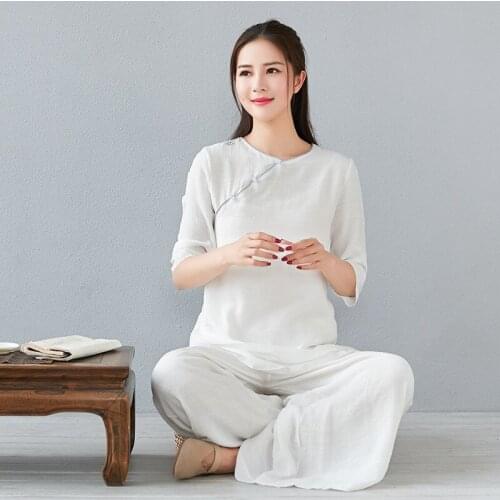2021 Meditation Tai Chi Suit Disc Buckle Hanfu Cotton And Linen Middle-sleeved Fashion Casual Loose Martial Arts Suit