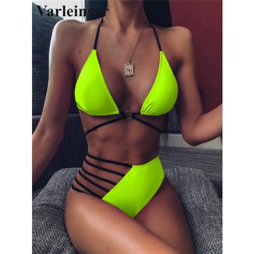 2020 Sexy Neon Yellow Pink Asymmetrical Bikini High Waist Swimsuit Women Swimwear Bikini set Halter Bather Bathing Suit V1810