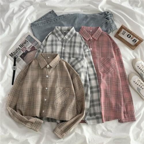 Womens Plus Size Clothes Long-sleeved Plaid Loose Korean Style Shirt Autumn Mid-length All-match Casual Females Tops Bloues
