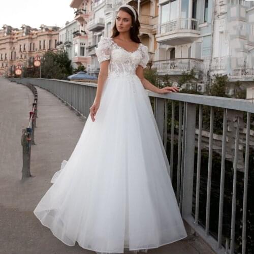 Eightree Elegant White Wedding Dresses Scoop Neck Tulle A-Line Bridal Puff Sleeve Wedding Evening Princess Prom Gown Custom Size