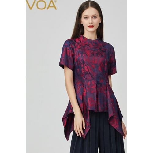 VOA Silk Yarn-Dyed Jacquard Semi-high Collar Art Red Peony Short Sleeve Printed Dovetail Design Zipper Fold T-shirt Female BE790