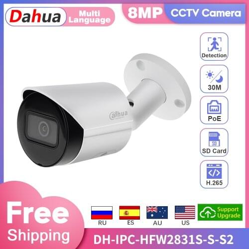 Dahua Ip Camera 8MP 4K Original HD Video Surveillance Starlight Bullet 12V POE IPC-HFW2831S-S-S2 H.265+ SD Card IR IVS IP67