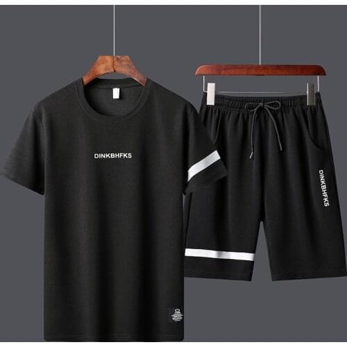 2 Piece Set Men Fashion Summer Patchwork Stripe SweatShirt Tracksuit Jogging Basketball Set+Shorts Casual Tee Shirts Sport Suit