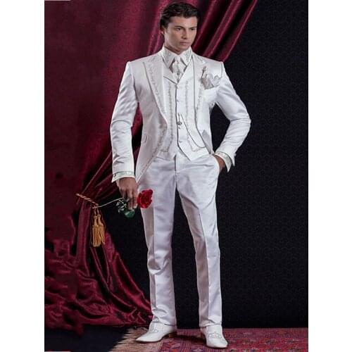 Handsome White With Embroidery Groom Tuxedos Slim FIts Mens Prom Party Business Suits Customize Size (Jacket+Pants+Vest) K:349