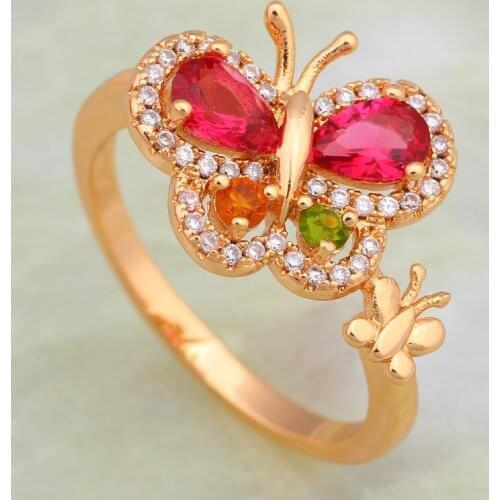 Fashion Bijoux Bowknot Red gem stone rings for women Yellow Gold party lady Ring size 7 8 AR579