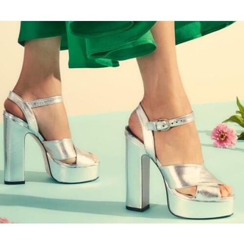 Vogue woman silver chunky high heel sandal cross strap peep toe chunky high heel silver sandal real photos plus size make