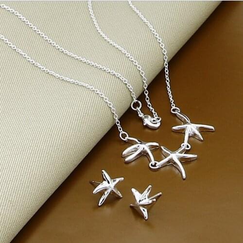 New Style 925 Sterling Silver Star Pendant Necklace Earring Set Female Engagement Party Wedding Jewelry
