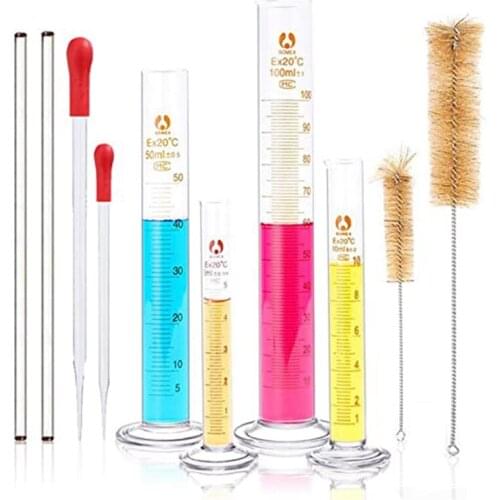 Glass Gradient Cylinder Set,Thick Laboratory Cylinder Measuring Cylinder,2 Glass Droppers,2 Brushes and Stirring Rods