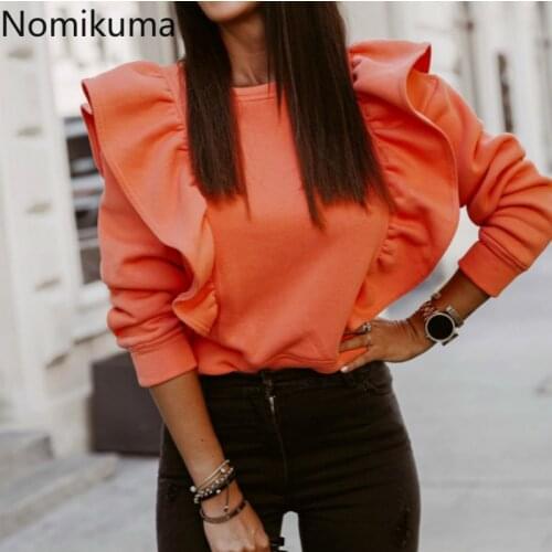 Nomikuma Fleece Long Sleeve Pullover Sweatshirt Korean Sweet Ruffle Patchwork Top Jumer Causal O-neck Women Hoodies 6D843