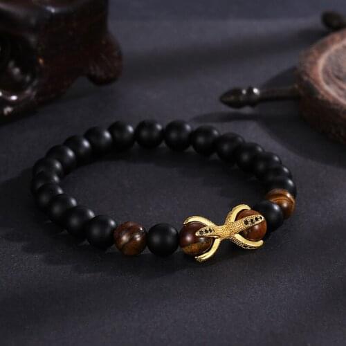 2019 New Micro Inset Black Zircon Angle Claw Alloy Jewelry 8mm Black Pumice Stone Elastic Beads Bracelet Bangle for Women Men