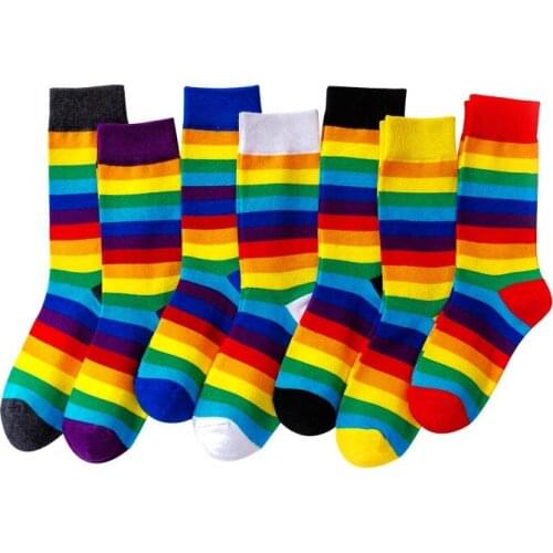 1 Pair New Arrival Cotton Elasticity Sweat Women Long Sock Candy Colors Rainbow Striped Sporty Meias Retro Harajuku Casual Socks