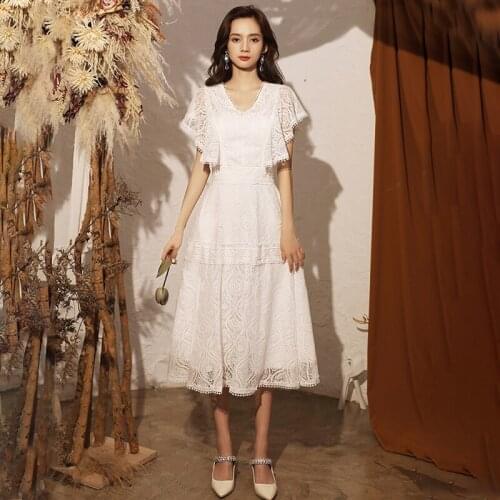 Bridesmaids Dresses Illusion V-Neck Short Embroidery Tulle Lace Knee-Length A-Line Luxury White Women Wedding Party Gown E724