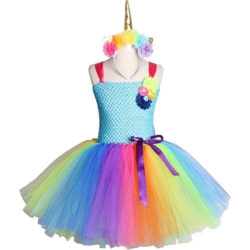 Flower Girls Unicorn Tutu Dress With Headband Rainbow Princess Girls Birthday Party Dress Children Halloween Unicorn Costume