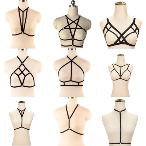 Polyester Harness Lingerie Women Fetish Tops Bodysuit Harajuku Gothic Body Cage Bra Rave Festival Bralette Harness thigh harness
