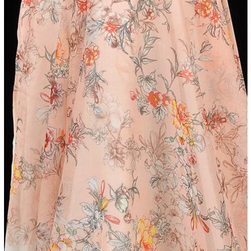 130CM Wide 8MM Floral Print Thin Pink Silk Georgette Fabric for Summer one-piece dress Shirt Clothes J226