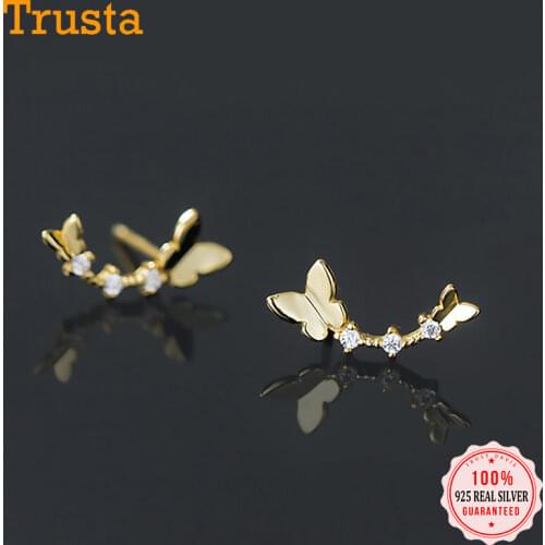 Trustdavis Real 925 Sterling Silver Sweet Gold Insect Butterfly CZ Stud Earrings For Women Wedding Party Fine Jewelry DA1712