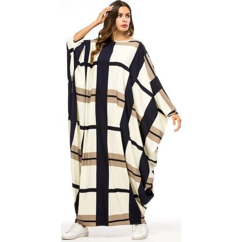 Turkey Arab Muslim Women Abaya Batwing Sleeve Loose Maxi Dress Plaid Islamic Clothing Robe Moroccan Kaftan Eid Musulman Robe