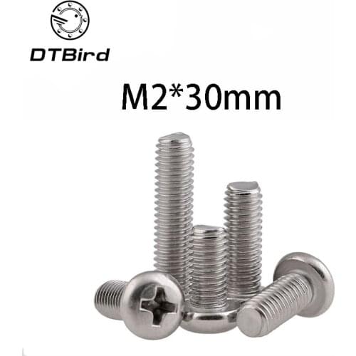 Free shipping 50pcs/Lot GB818 M2x30 mm M2*30 mm 304 Stainless Steel Phillips Cross recessed pan head Screw DT2