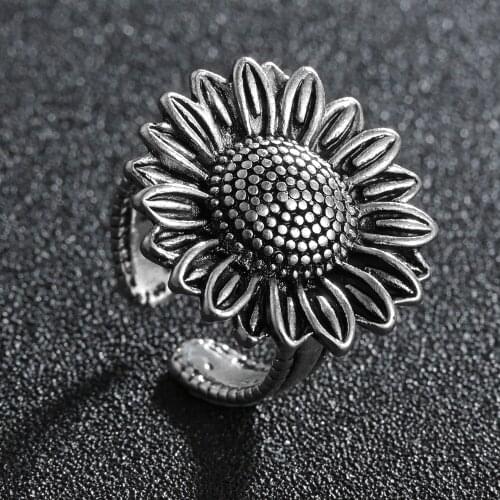 Vintage Silver Color Bohemian Open Sunflower Ring for Women Adjustable Wedding Party Engagement Finger Rings Statement Jewelry