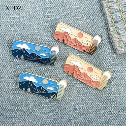 XEDZ Cartoon mountaineering portable water cup enamel brooch sunrise and sunset beautiful mountains and rivers badges clothing p