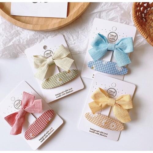 2 Pcs Korean Simple Cute Fabric Bow Duckbill Clip for Sweet Girl Children Fashion Fresh Lattice Flower BB Clip Hair Accessories