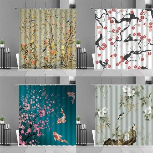 Chinese Style Flowers Bird Fish Shower Curtains Waterproof Bathroom Curtain Floral Plant Landscape Home Decor Screen With Hooks
