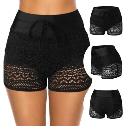 High Waisted Women Swim Pants Sexy Gauze Lace Bikini Shorts Bottom Swimsuit Black 2021 Summer Mujer Swimwear Bathing Briefs