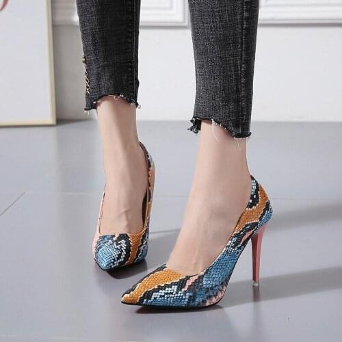 Fashion Snakeskin Pattern Womens Pumps Pointed Toe Shallow 10cm Super High Thin Heel Mixed Colors Party Casual Shoes