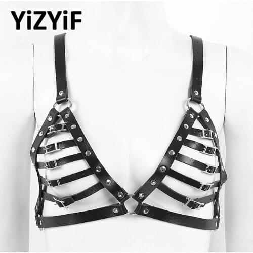 Women Body Bra Harness Garters Punk Gothic PU Leather Hollow Out Cups Strappy Chest Bust Harness Belt Role play Costume Clubwear