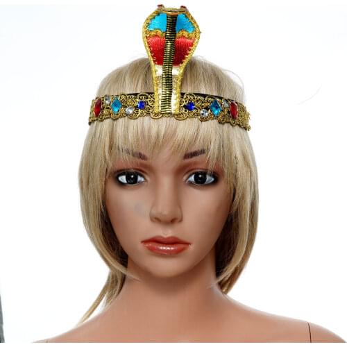 Women Halloween Photo Prop Snake-Shape Headdress Shiny Treasure Queen Gemstone Headdress Cosplay Golden Cleopatra Hair Accessory