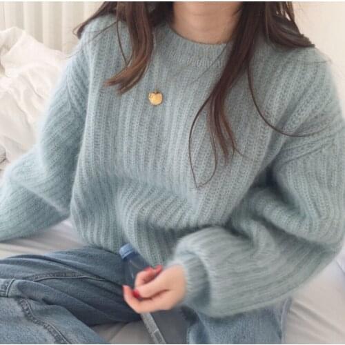 Autumn Winter Mink Cashmere Sweater Women O-Neck Long Sleeve Loose Jumpers Thicken Outwear Pullovers Striped Hairy Warm X597