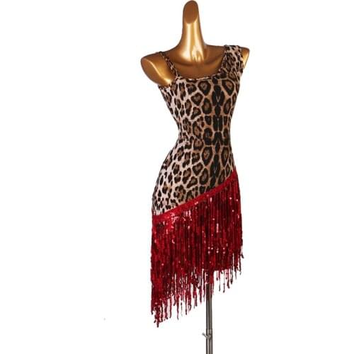 New Leopard Dress Dance Costume For Latin Dance Sequin Fringe Skirt Club Rumba Performance Women Sexy Latin Dance Clothes 1444