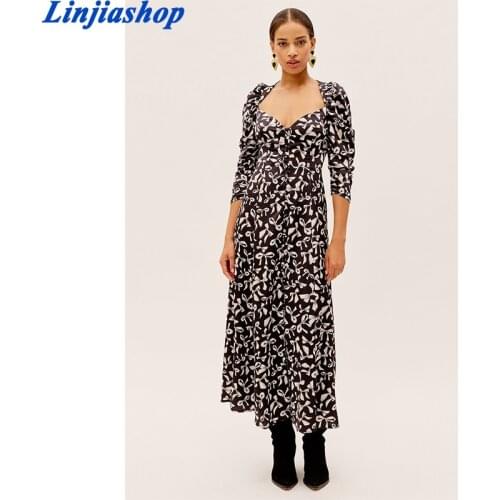 New Fashion Women Bow Pattern Print Long Maxi Dress Elegant Lady Sexy V Neck Puff Sleeve Draped Spring Dress Robe Longue