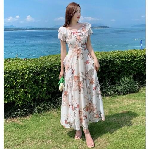 LLZACOOSH Women Summer Holiday Long Fairy Floral Sexy Slash Neck Slim Waist A Line Ruffles Flower Printed Midi Party Dress