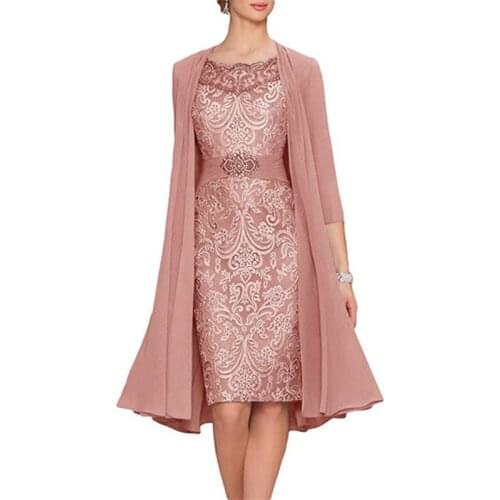 2021 Mother of the Bride Dresses With Chiffon Jacket Lace Satin Sheath Short Knee length Women Cocktail Party Celebrity Gowns