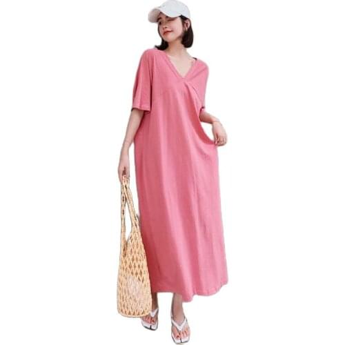 New Casual Plus Size Women Clothing Dress Split t-Shirt Dress 2021 Fashion Summer V-Neck Loose Korean Halter Dress