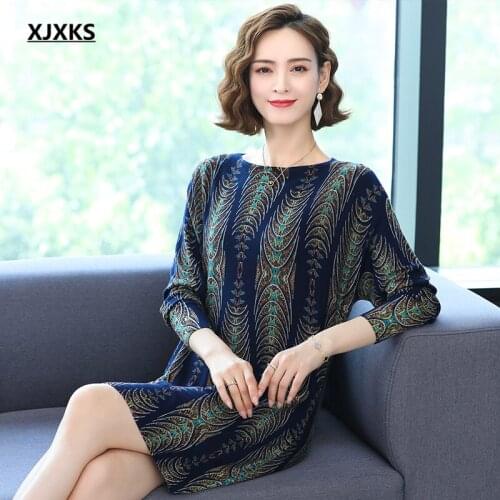 XJXKS Fall 2021 new women printed sweater dress high quality comfortable wool knitted long sweater women pullover