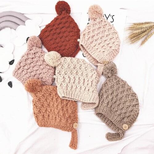 Newborn Baby Kids Girls Boys Winter Warm Knit Hat Furry Balls Pompom Solid Warm Beanie Cap