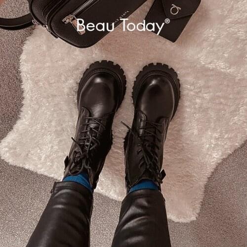 BeauToday Ankle Boots Women Cow Leather Platform Motorcycle Boots Metal Buckle Side Zipper Hasp Short Female Shoes 04443