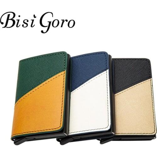 BISI GORO 2 Colors Patchwork Business Card Holders Credit Card Case RFID Anti-theft Aluminum Holder Minimalist Slim Wallet 2020